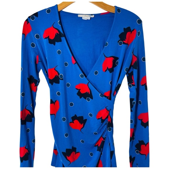 Boden V-Neck Poppy Floral Print 3/4 Sleeve Ruched Faux Wrap Shirt Top Sz 4 Blue - Picture 2 of 7